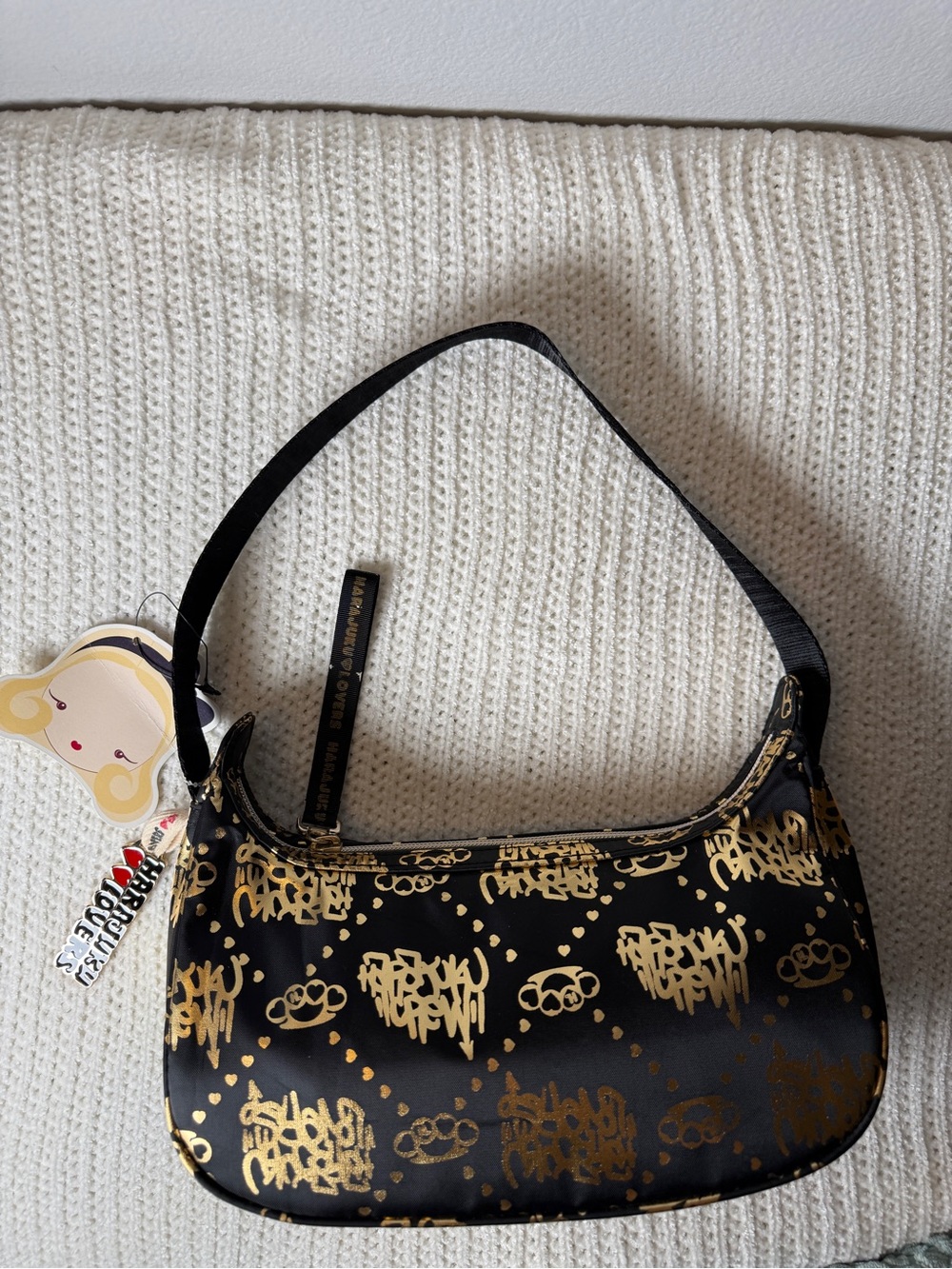 Harajuku Lovers Black Shoulder Bag with Gold Graffiti Print